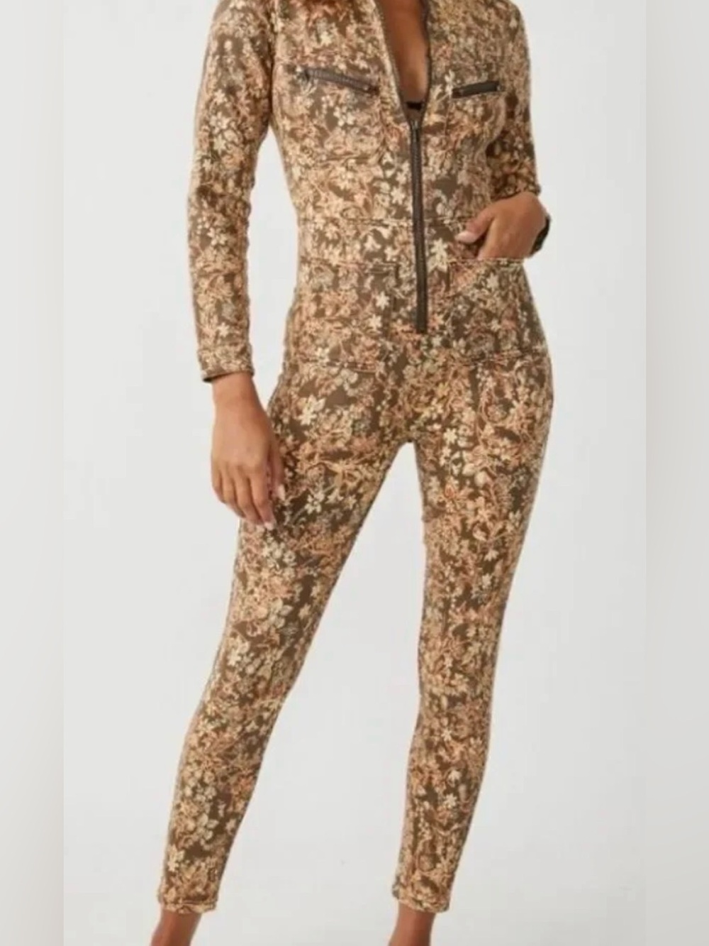 Free People Brown and Cream Floral Zip Jumpsuit